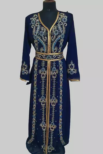 Navy Blue color luxurious Handmade Moroccan Kaftan with hijjab
