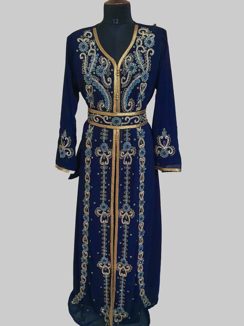 Navy Blue color luxurious Handmade Moroccan Kaftan with hijjab