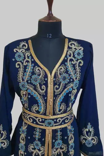 Navy Blue color Handmade Moroccan Kaftan with hijjab