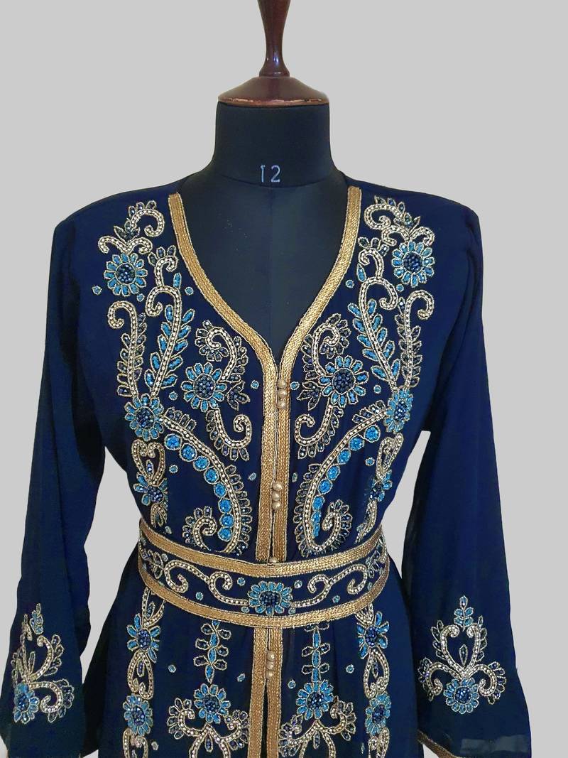 Navy Blue color luxurious Handmade Moroccan Kaftan with hijjab