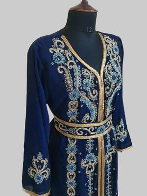 Navy Blue color Handmade Moroccan Kaftan with hijjab 3