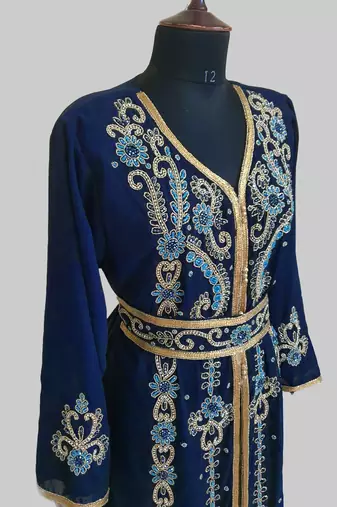 Navy Blue color Handmade Moroccan Kaftan with hijjab