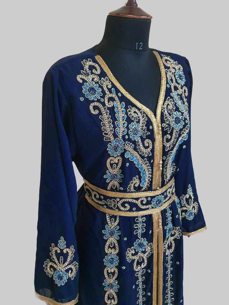 Navy Blue color luxurious Handmade Moroccan Kaftan with hijjab