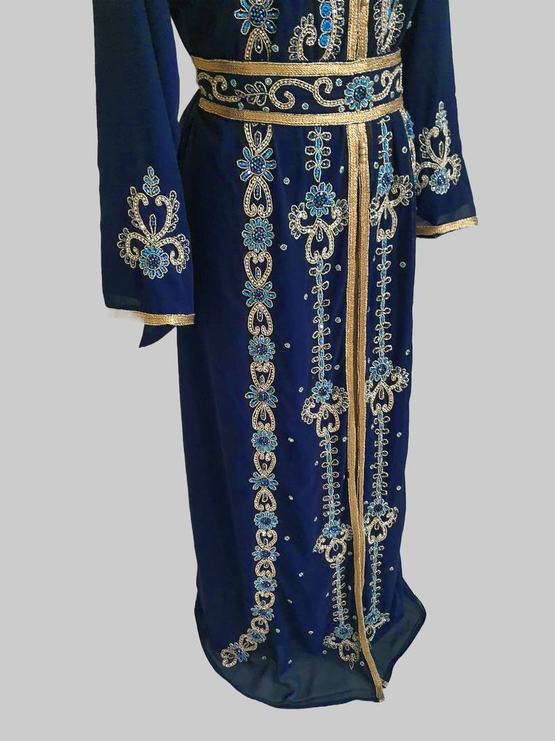 Navy Blue color luxurious Handmade Moroccan Kaftan with hijjab