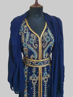 Navy Blue color Handmade Moroccan Kaftan with hijjab 5