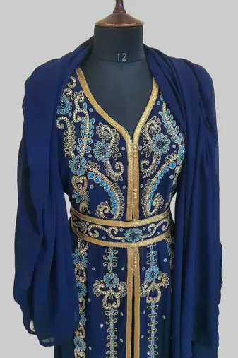 Navy Blue color Handmade Moroccan Kaftan with hijjab