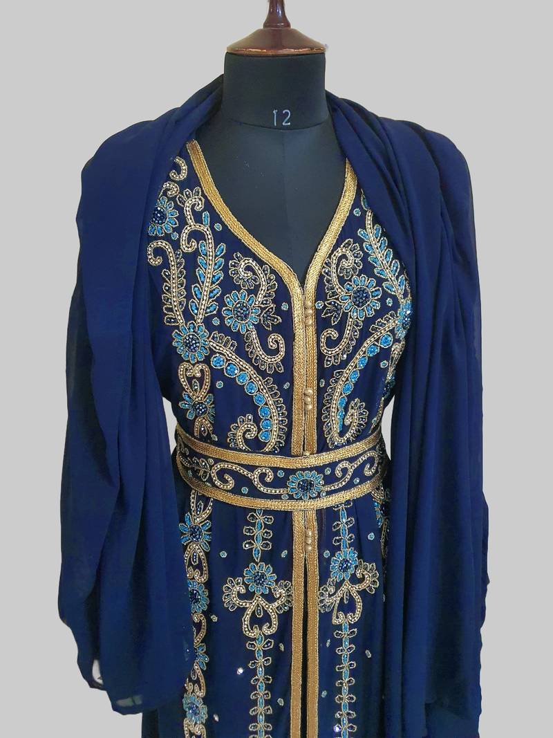 Navy Blue color luxurious Handmade Moroccan Kaftan with hijjab