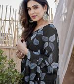 Black Color Digital Printed Chiffon Saree