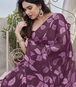Plum Color Digital Printed Chiffon Saree
