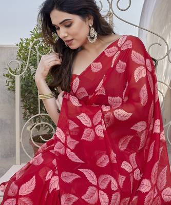 Red Color Digital Printed Chiffon Saree 1