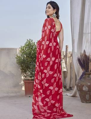 Red Color Digital Printed Chiffon Saree 4