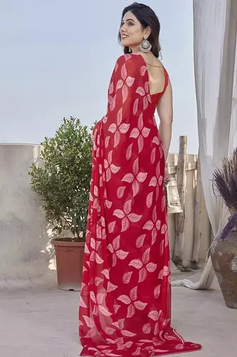 Red Color Digital Printed Chiffon Saree