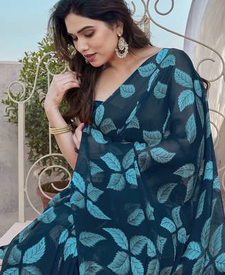 Teal Color Digital Printed Chiffon Saree 1