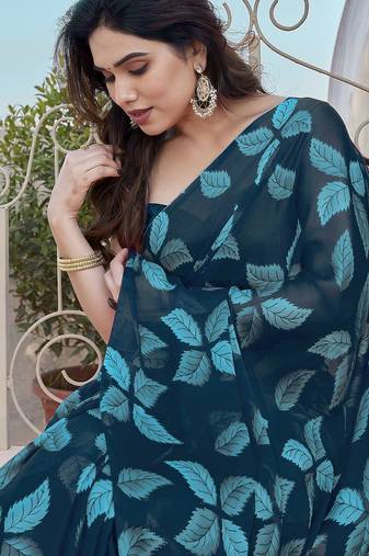 Teal Color Digital Printed Chiffon Saree