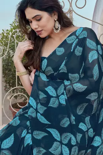 Teal Color Digital Printed Chiffon Saree