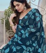Teal Color Digital Printed Chiffon Saree