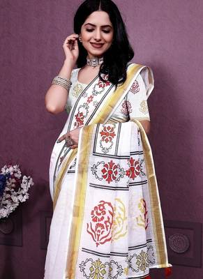 White Color Handloom Cotton Digital Printed Saree 1