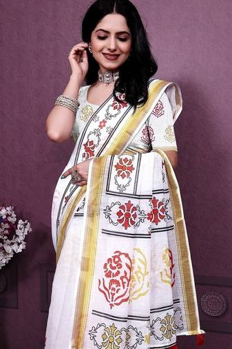 White Color Handloom Cotton Digital Printed Saree
