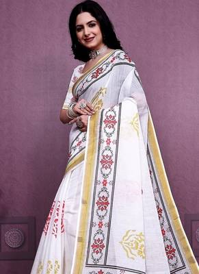 White Color Handloom Cotton Digital Printed Saree 2