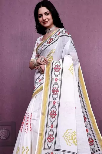 White Color Handloom Cotton Digital Printed Saree