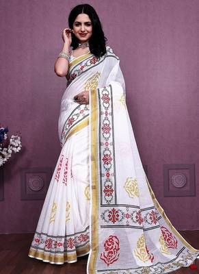 White Color Handloom Cotton Digital Printed Saree 3