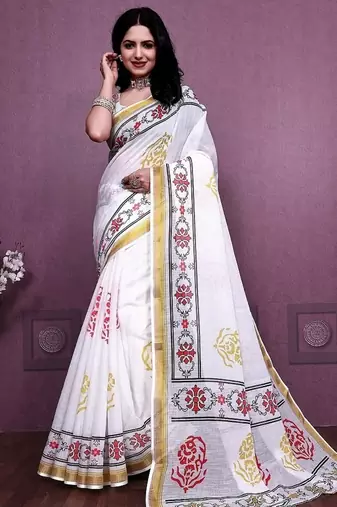 White Color Handloom Cotton Digital Printed Saree