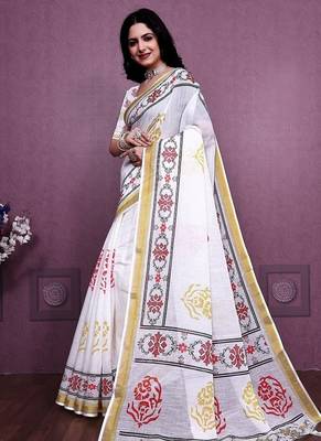 White Color Handloom Cotton Digital Printed Saree 4