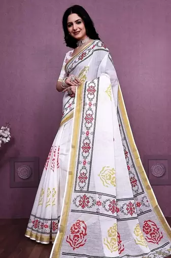 White Color Handloom Cotton Digital Printed Saree