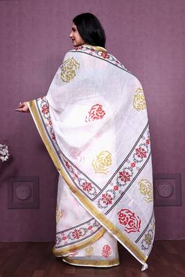 White Color Handloom Cotton Digital Printed Saree 5