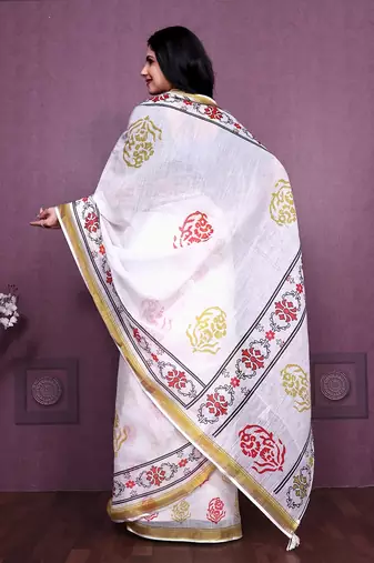 White Color Handloom Cotton Digital Printed Saree