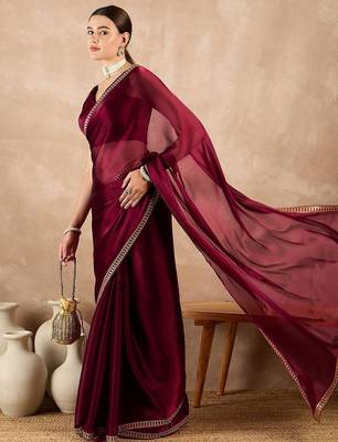 Maroon Color Embroidery Sequence Fancy Lace Border Rangoli Art Silk Saree 3