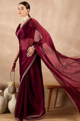 Maroon Color Embroidery Sequence Fancy Lace Border Rangoli Art Silk Saree