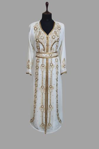 Off-White color luxurious Handmade Moroccan Kaftan with hijjab