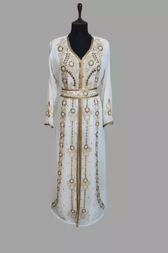 Off-White color luxurious Handmade Moroccan Kaftan with hijjab