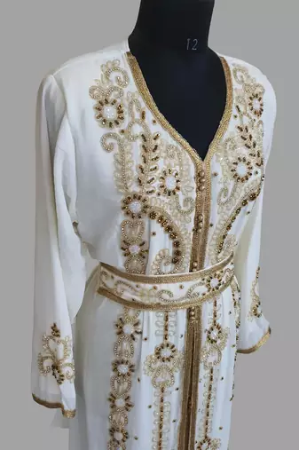 Off-White color Handmade Moroccan Kaftan with hijjab