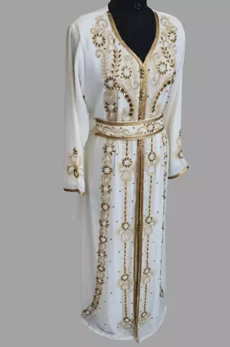 Off-White color Handmade Moroccan Kaftan with hijjab