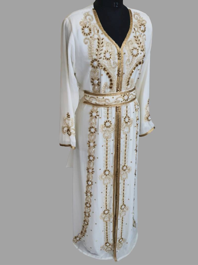 Off-White color luxurious Handmade Moroccan Kaftan with hijjab