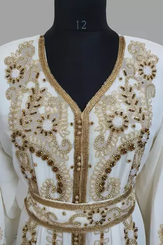 Off-White color Handmade Moroccan Kaftan with hijjab