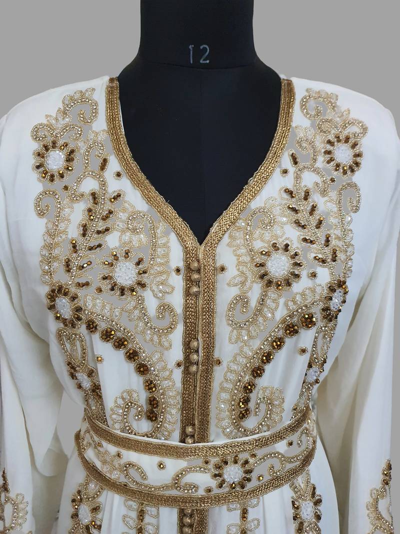 Off-White color luxurious Handmade Moroccan Kaftan with hijjab