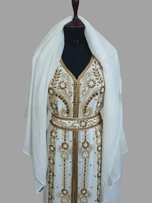 Off-White color Handmade Moroccan Kaftan with hijjab 5