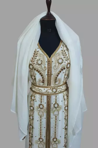 Off-White color Handmade Moroccan Kaftan with hijjab
