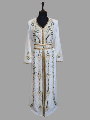 Off-White green color Handmade Moroccan Kaftan with hijjab 1