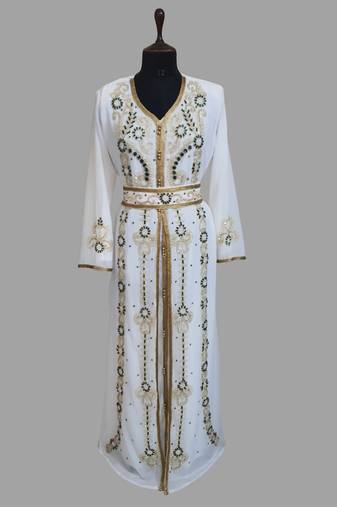 Off-White green color luxurious Handmade Moroccan Kaftan with hijjab
