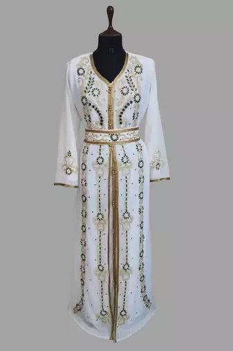Off-White green color luxurious Handmade Moroccan Kaftan with hijjab