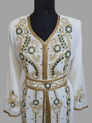 Off-White green color Handmade Moroccan Kaftan with hijjab 2