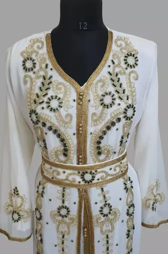 Off-White green color Handmade Moroccan Kaftan with hijjab