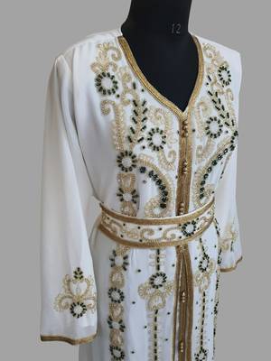 Off-White green color Handmade Moroccan Kaftan with hijjab 3
