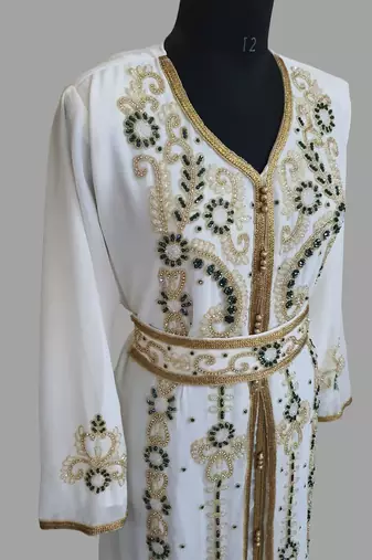 Off-White green color Handmade Moroccan Kaftan with hijjab