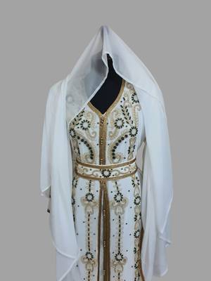 Off-White green color Handmade Moroccan Kaftan with hijjab 4