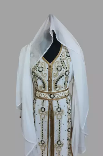 Off-White green color Handmade Moroccan Kaftan with hijjab